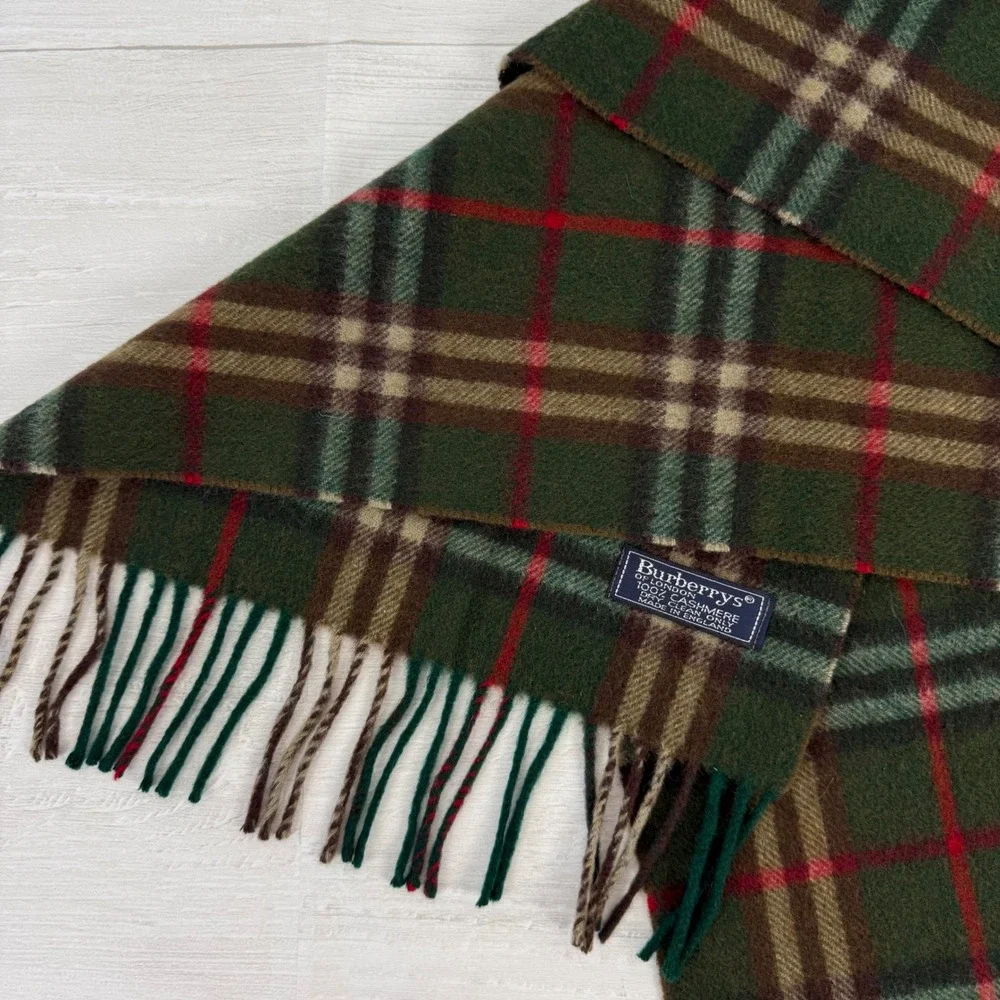 Vintage Burberry Cashmere Scarf Unisex Green Plaid Nova Check Heritage Luxury
